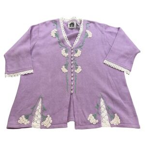 Storybook Knits Cardigan Womens 3X Lavender Purple Floral Crochet Lace Trim